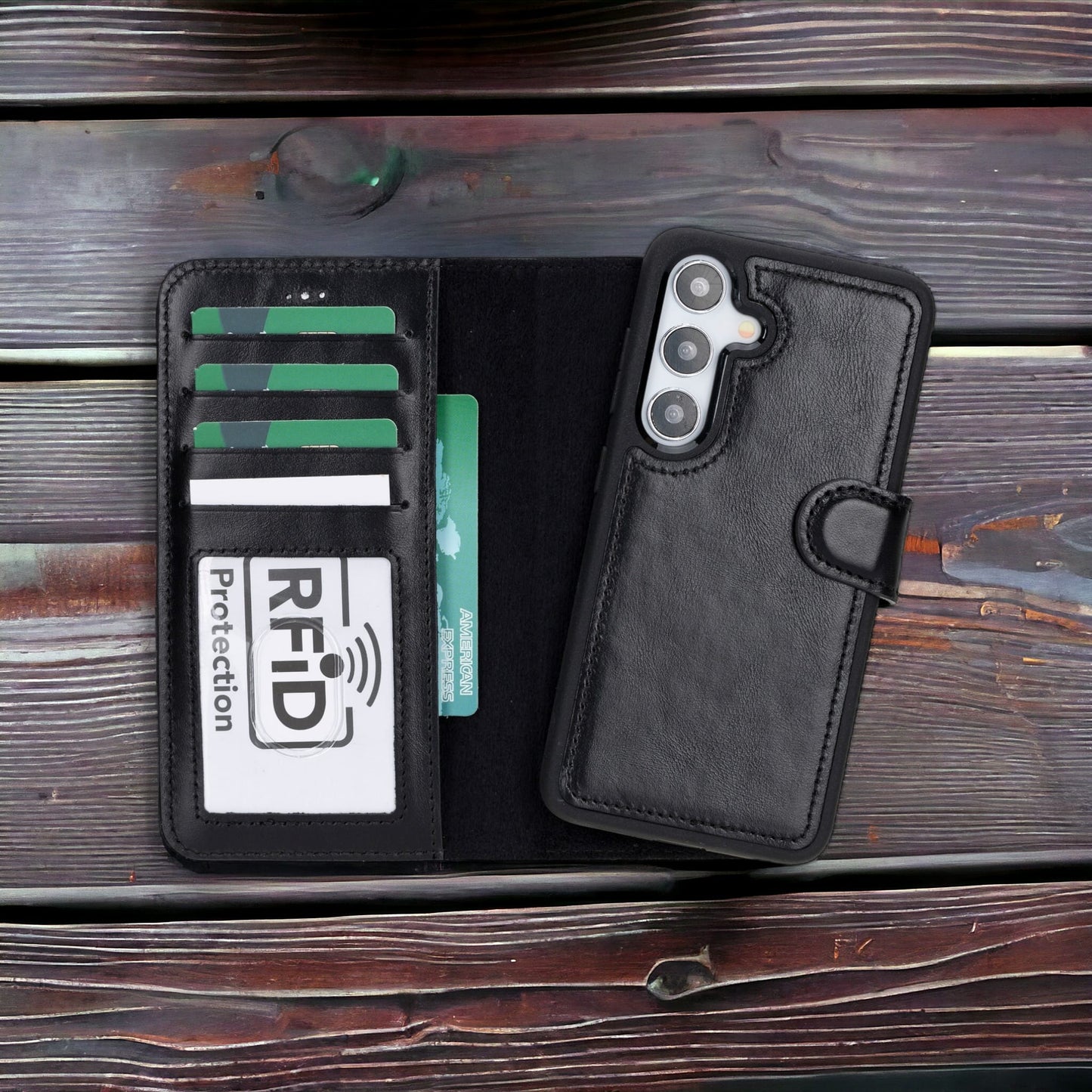 Samsung Galaxy S24 Plus Uyumlu, Deri Cüzdanlı Kılıf, Rustik Siyah - Magic