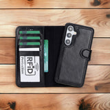 Samsung Galaxy S24 Uyumlu, Deri Cüzdanlı Kılıf, Rustik Siyah - Magic