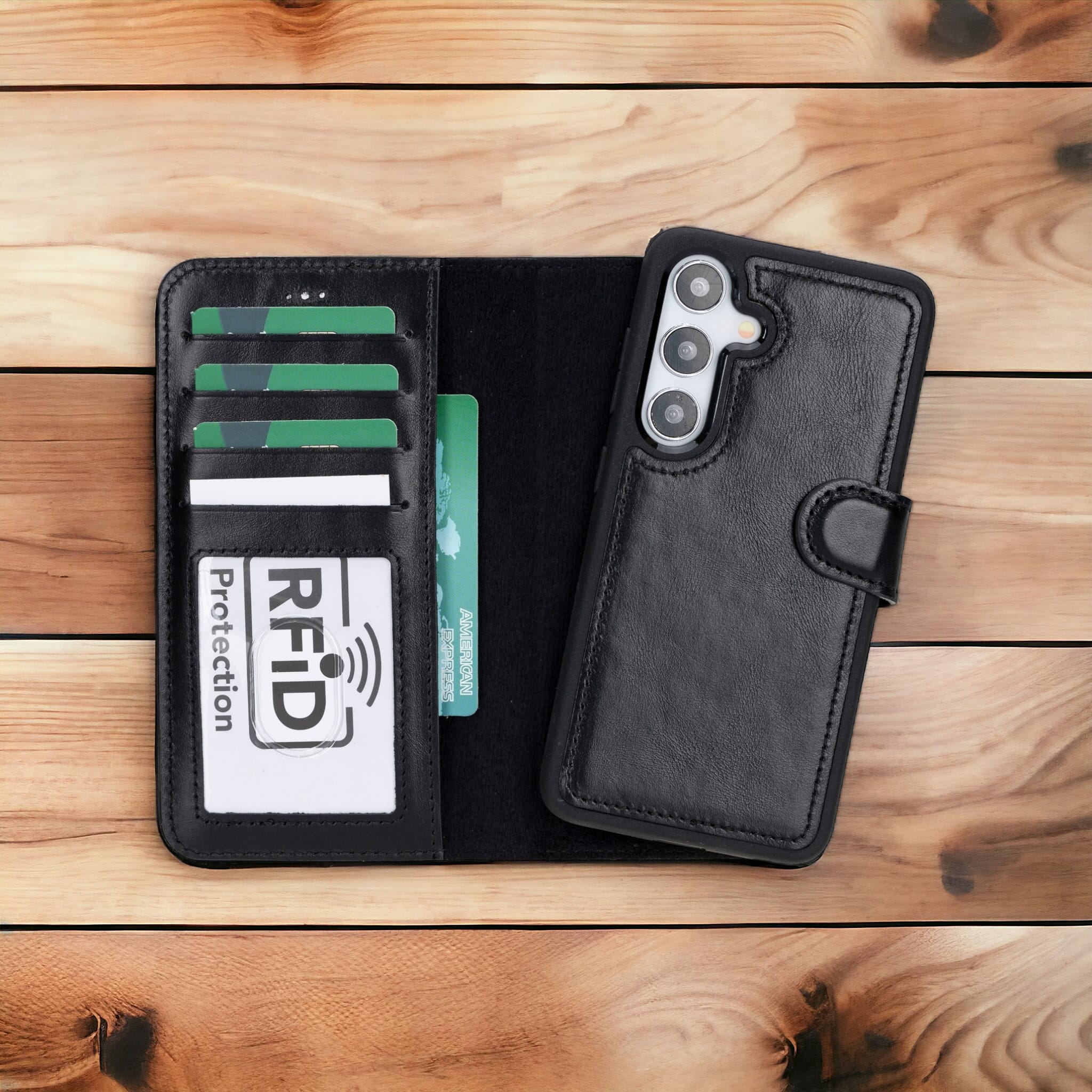 Samsung Galaxy S24 Uyumlu, Deri Cüzdanlı Kılıf, Rustik Siyah - Magic