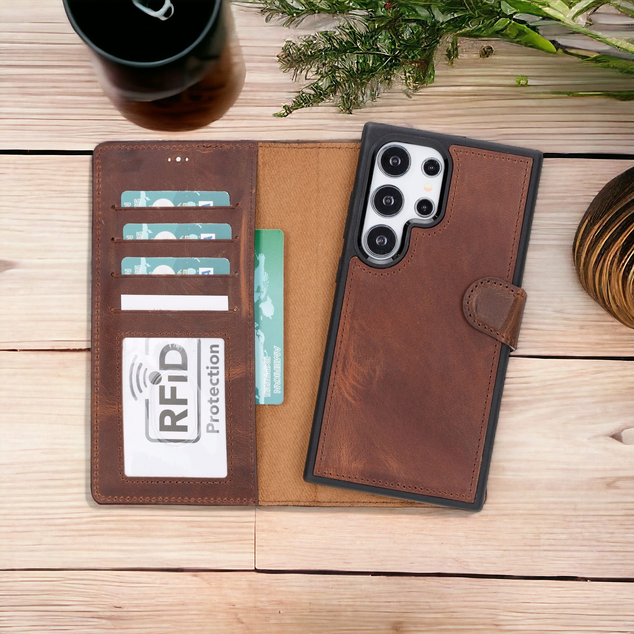 Samsung Galaxy S24 Ultra Uyumlu, Deri Cüzdanlı Kılıf, Antik Kahverengi - Magic