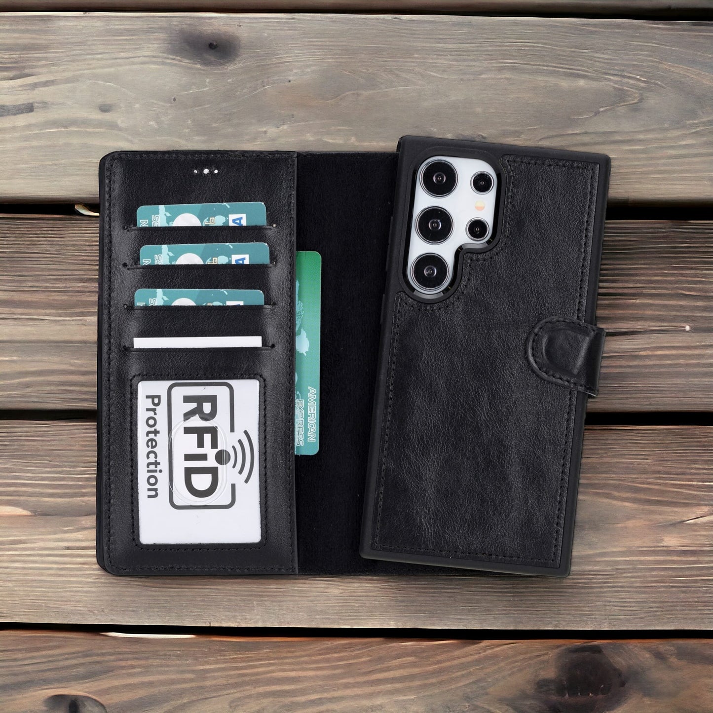 Samsung Galaxy S24 Ultra Uyumlu, Deri Cüzdanlı Kılıf, Rustik Siyah - Magic