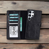 Samsung Galaxy S24 Ultra Uyumlu, Deri Cüzdanlı Kılıf, Rustik Siyah - Magic