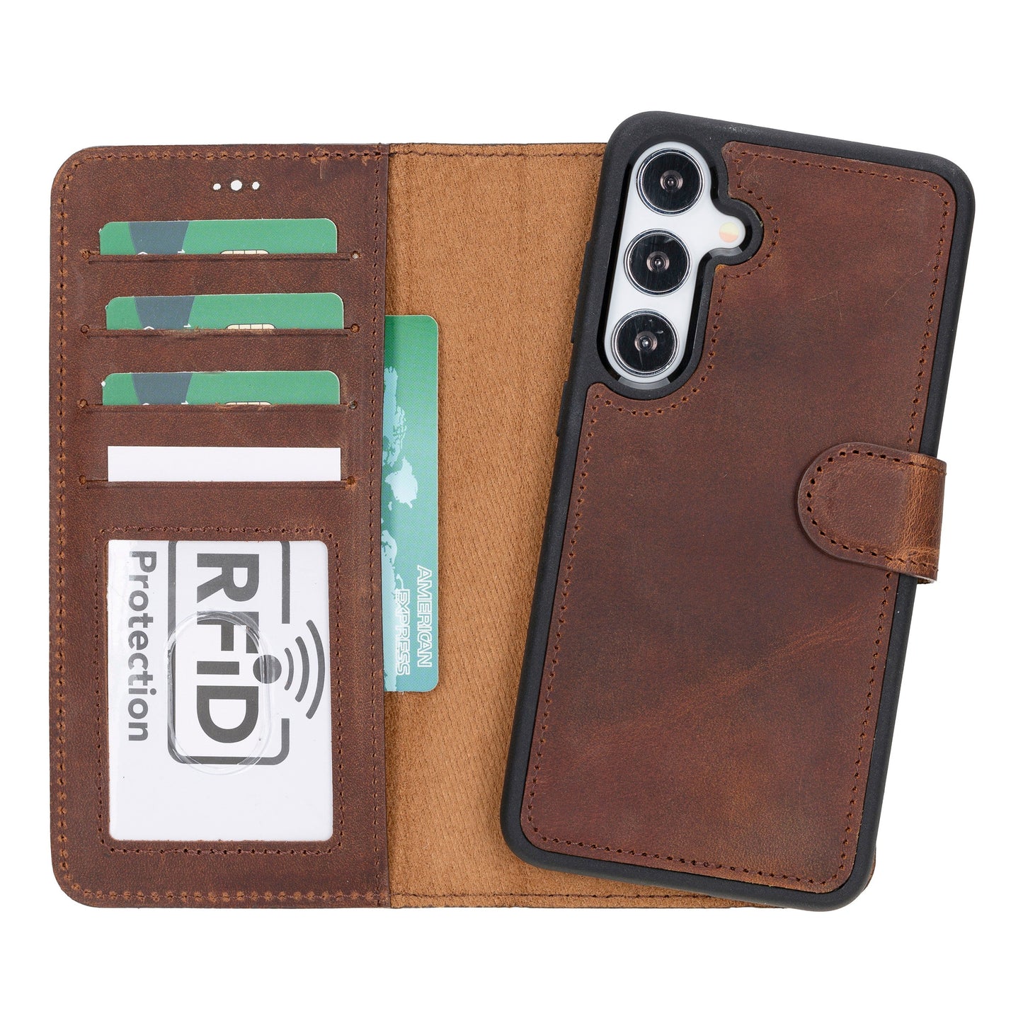 Samsung Galaxy S24 Plus Compatible, Leather Wallet Case, Antique Brown