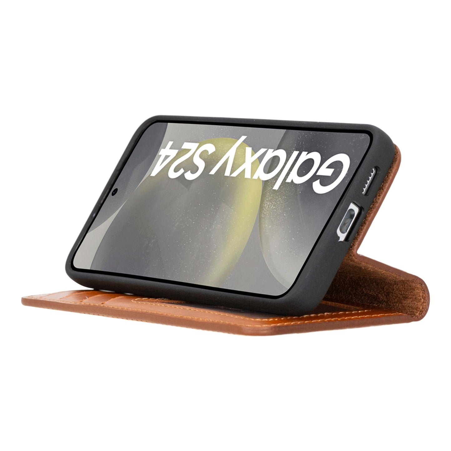 Samsung Galaxy S24 Compatible, Leather Wallet Case, Effect Tan