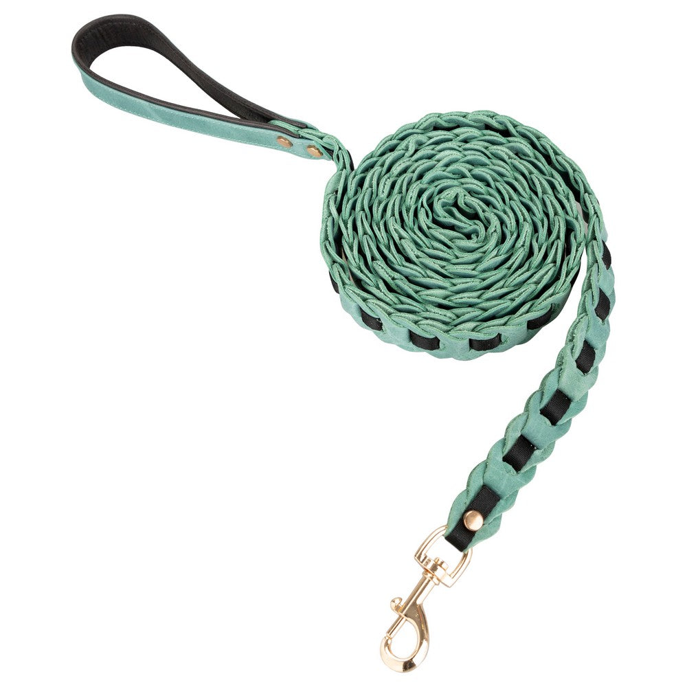 Handmade Dog Travel Strap from Real Leather, 215cm Length, Steel Sailor Hook, Ergonomic Handle, Green