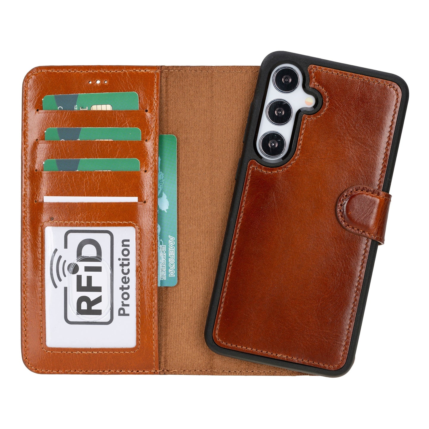 Samsung Galaxy S24 Plus Compatible, Leather Wallet Case, Effect Tan