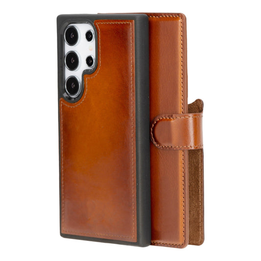 Samsung Galaxy S24 Ultra Compatible, Leather Wallet Case, Effect Tan