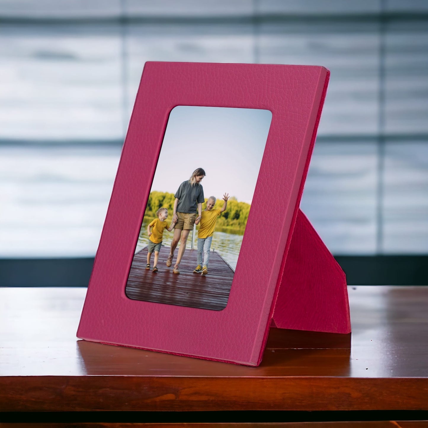 Real Leather Desktop Photo Frame, 22x17cm (15x10 photos) Pink