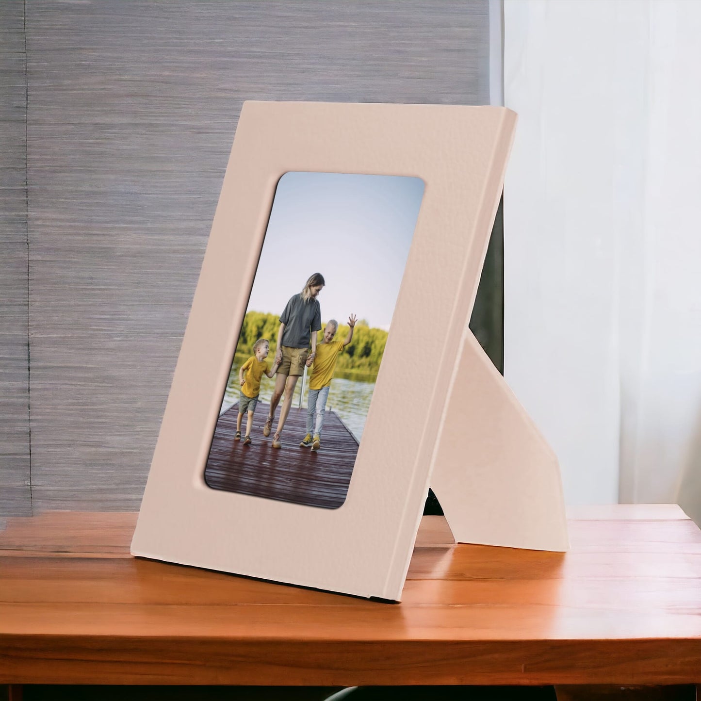 Real Leather Desktop Photo Frame, 22x17cm (15x10 photos) Beige