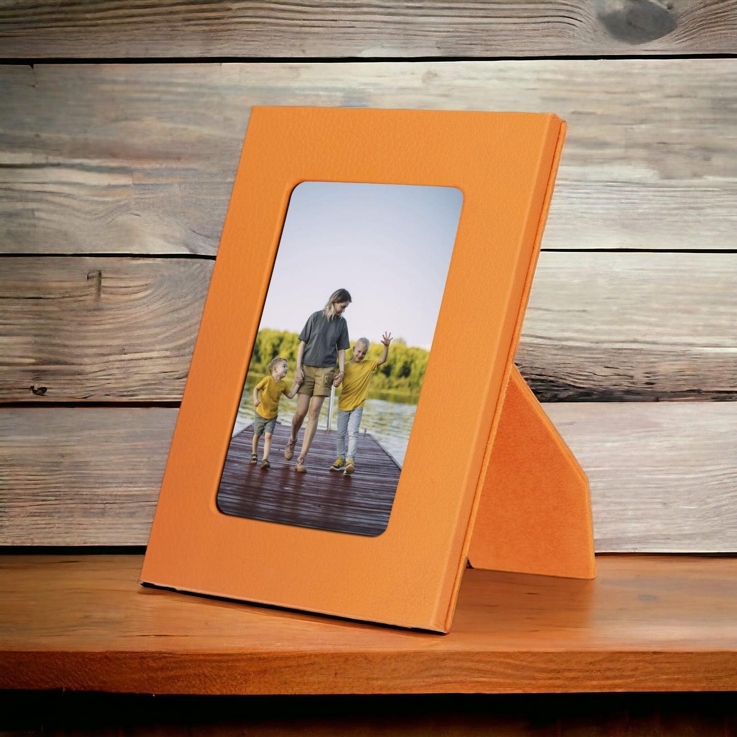 Real Leather Desktop Photo Frame, 22x17cm (15x10 photos) Orange