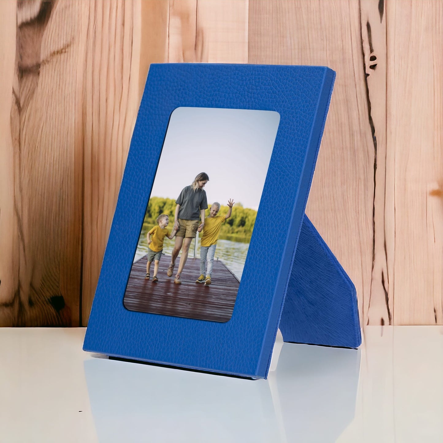 Real Leather Desktop Photo Frame, 22x17cm (15x10 photos) Blue