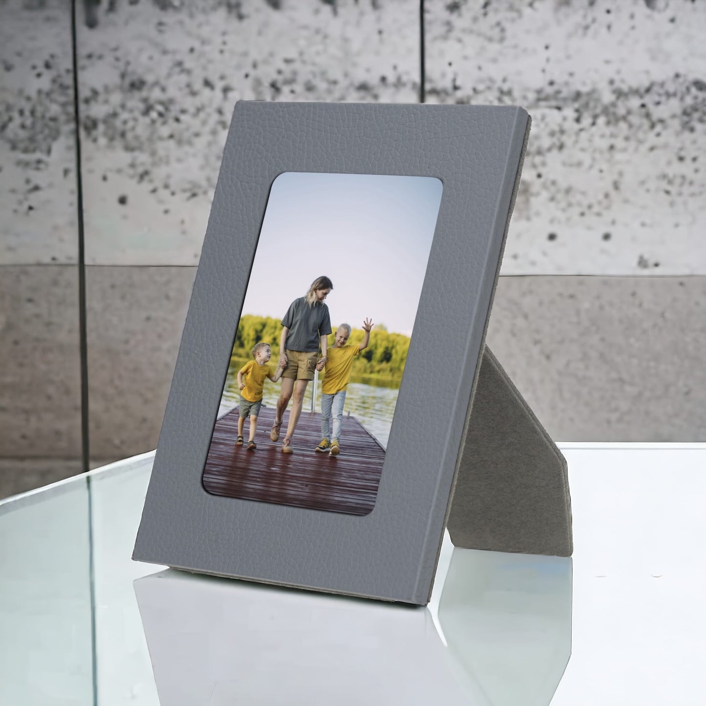 Real Leather Desktop Photo Frame, 22x17cm (15x10 photos) Gray