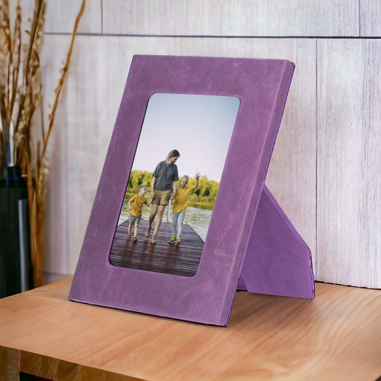 Genuine Leather Desktop Photo Frame, 22x17cm (15x10 photos) Antique Purple