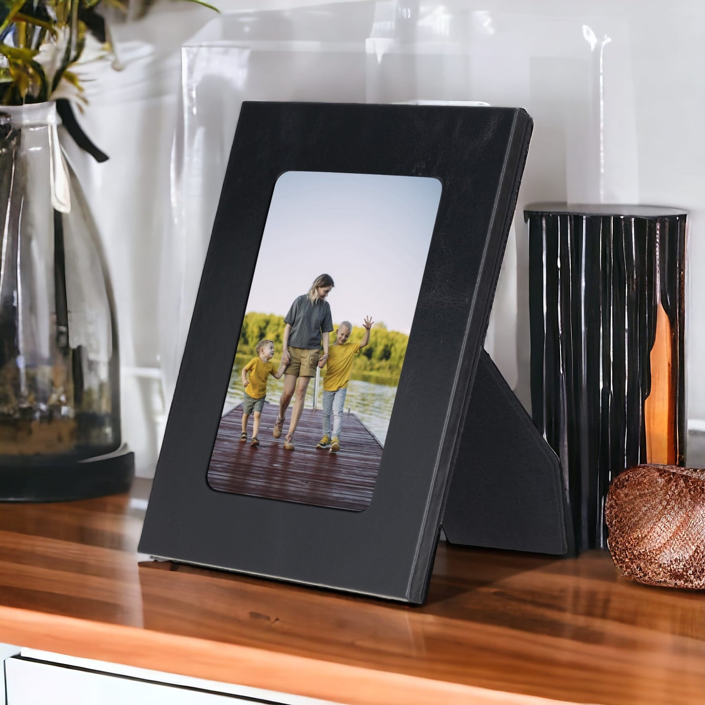 Real Leather Desktop Photo Frame, 22x17cm (15x10 photos) Rustic Black