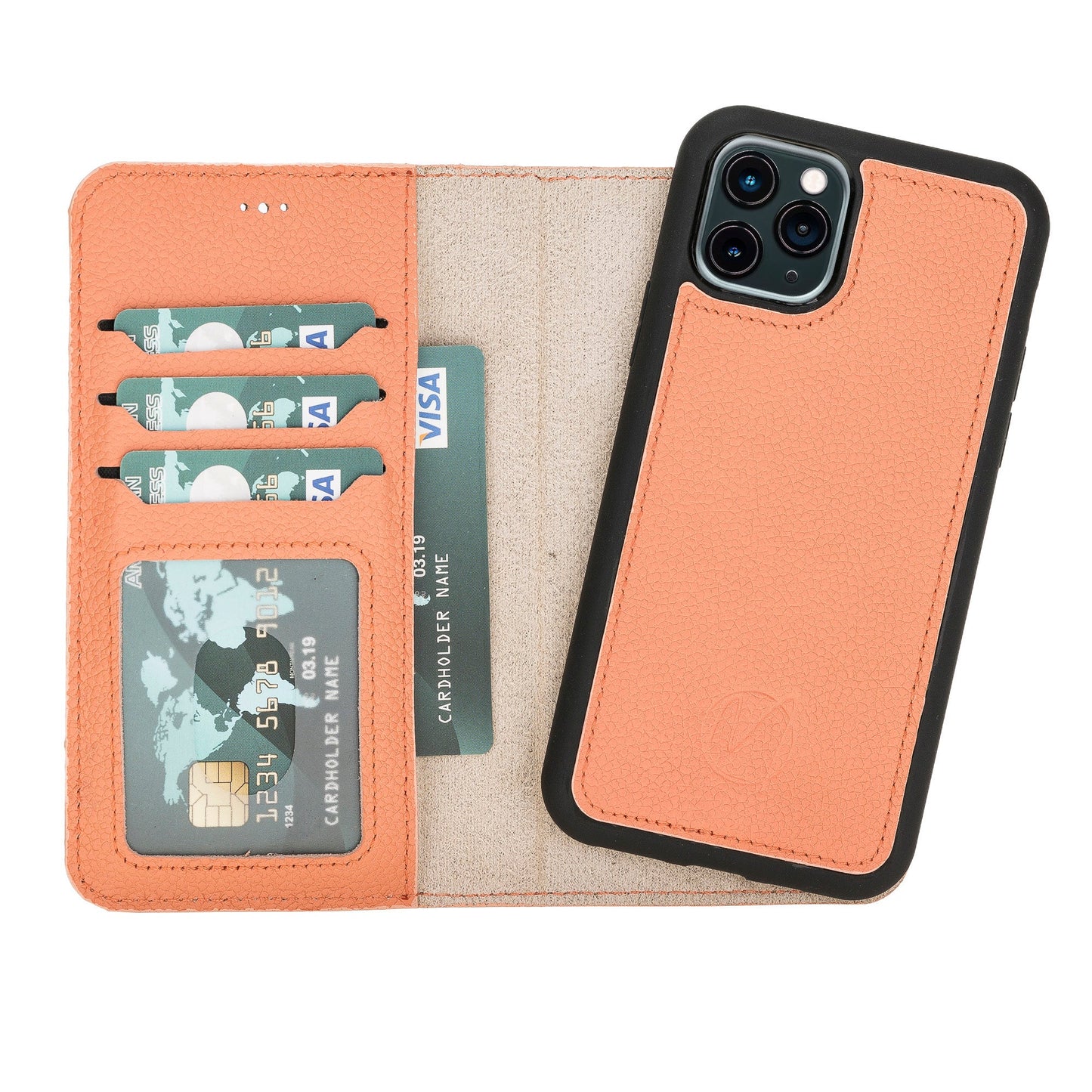 Apple iPhone 11 Pro Compatible, Genuine Leather Card Holder Case, Coral 