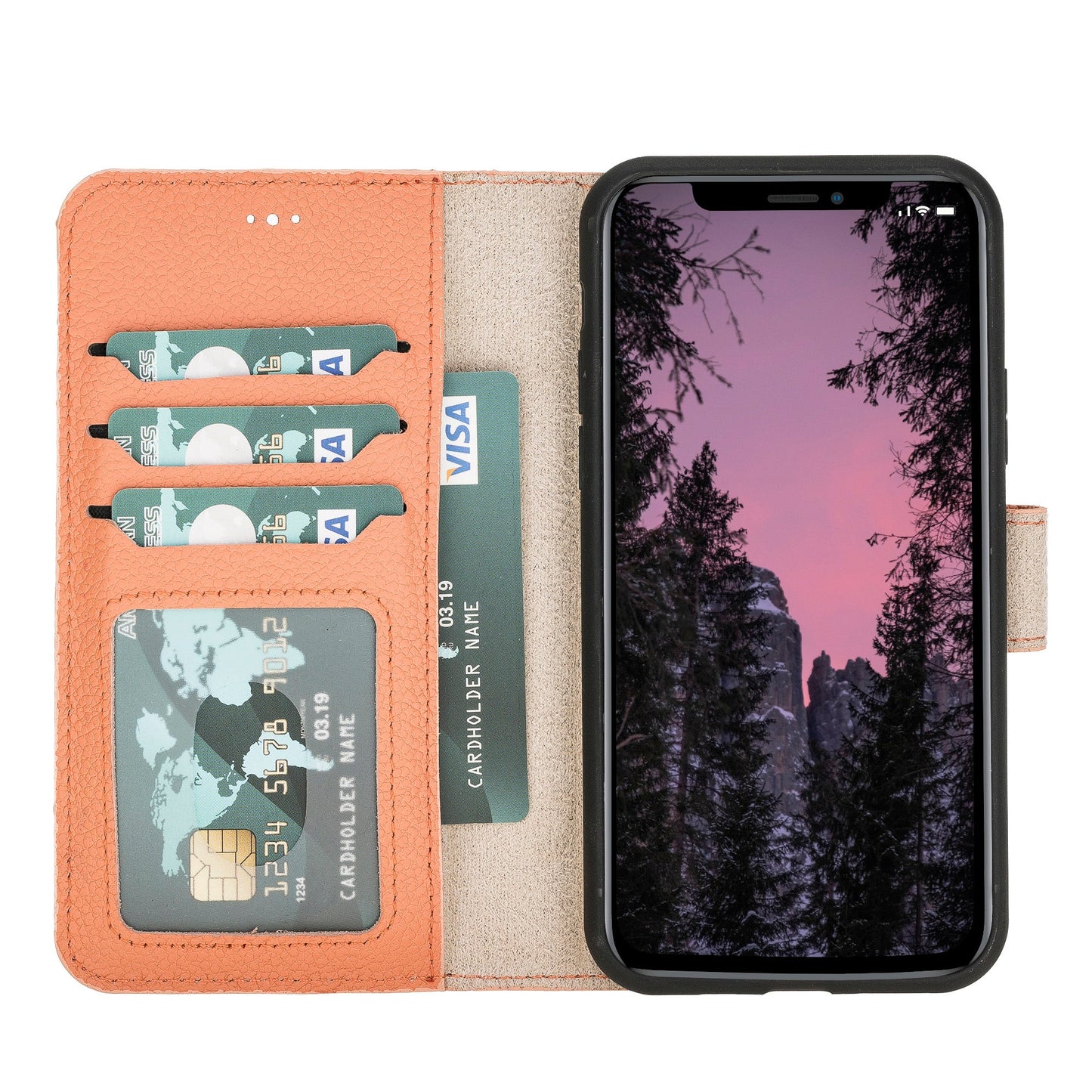 Apple iPhone 11 Pro Compatible, Genuine Leather Card Holder Case, Coral 