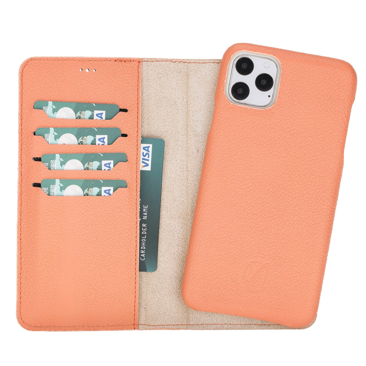 Apple iPhone 11 Pro Max Compatible, Genuine Leather Card Holder Case, Coral