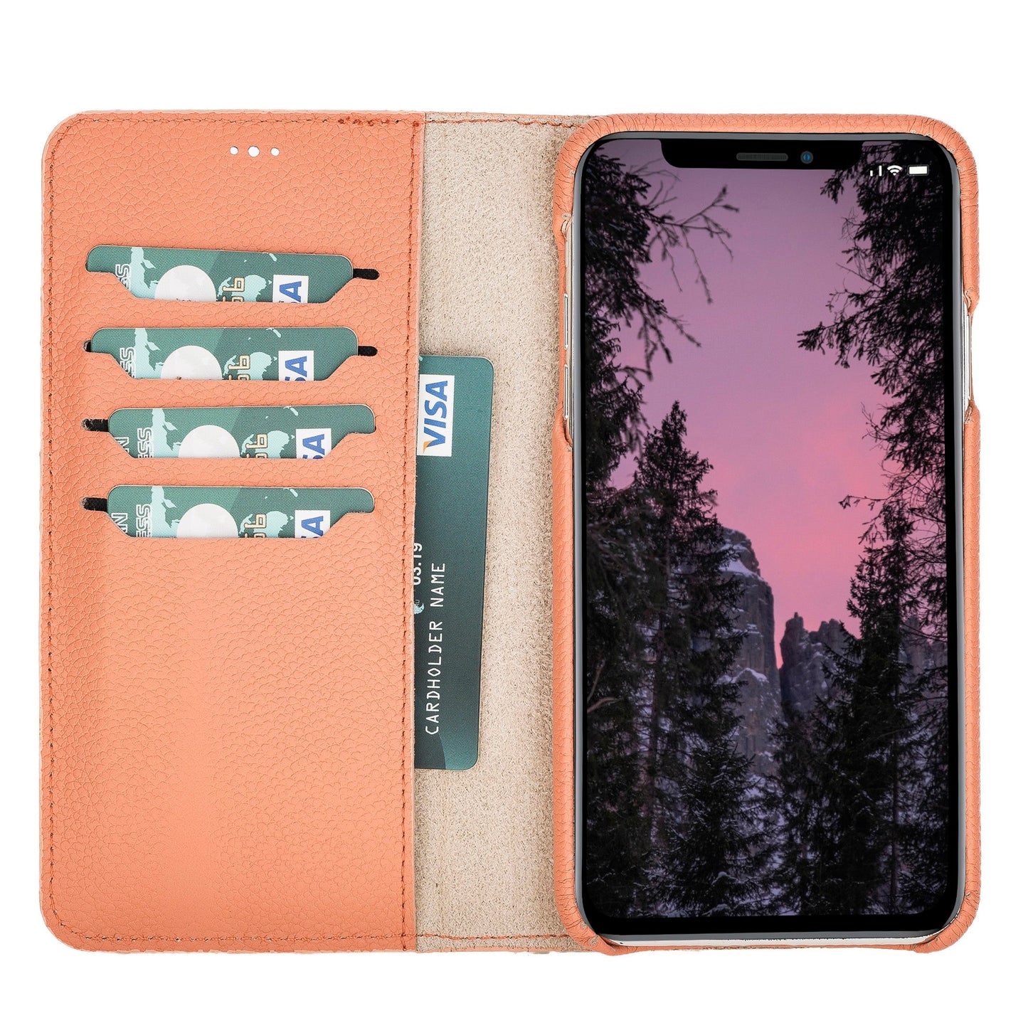 Apple iPhone 11 Pro Max Compatible, Genuine Leather Card Holder Case, Coral