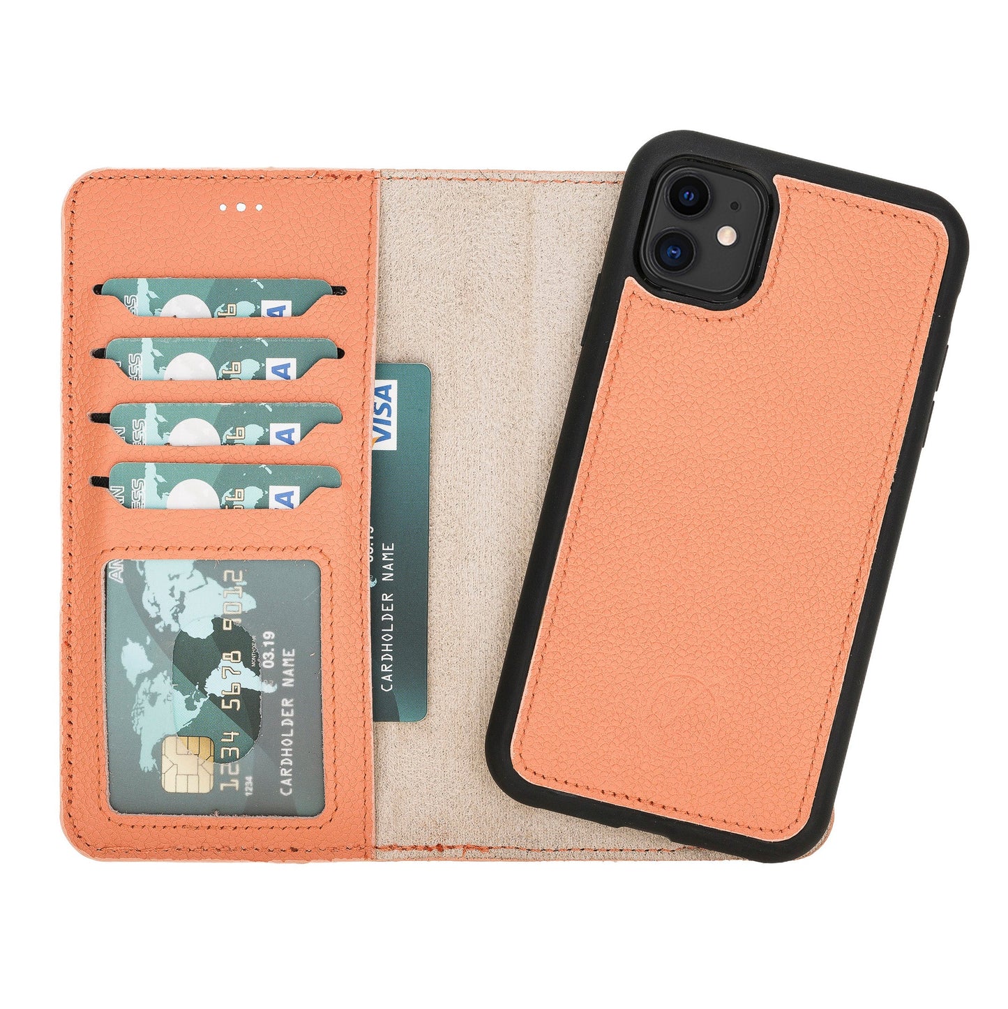 Apple iPhone 11 Compatible, Genuine Leather Card Holder Case, Coral 