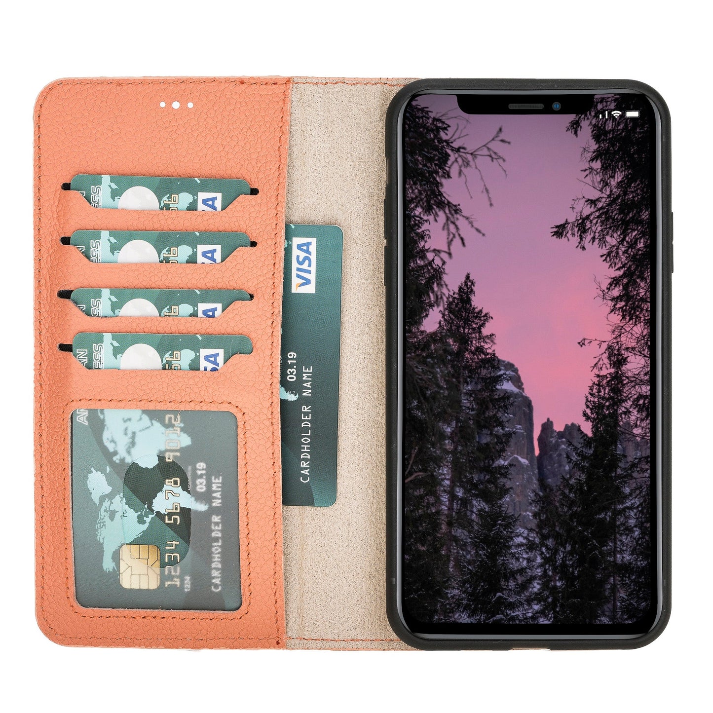 Apple iPhone 11 Pro Max Compatible, Genuine Leather Card Holder Case, Coral 