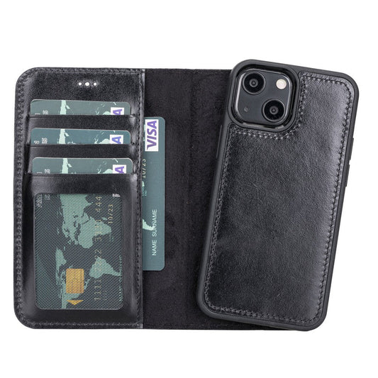 Apple iPhone 13 Mini Compatible Leather Wallet Case RST1 Black