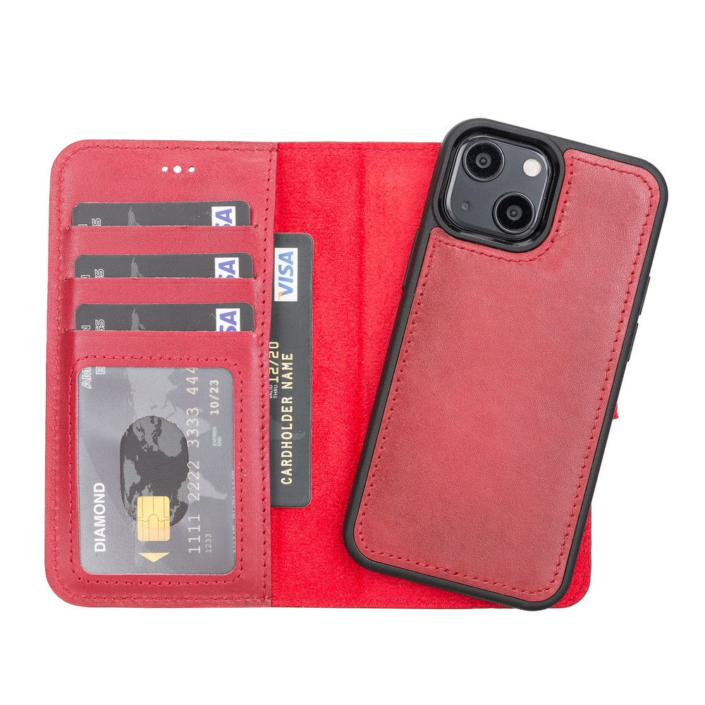 Apple iPhone 13 Mini Compatible Leather Wallet Case V4EF Red