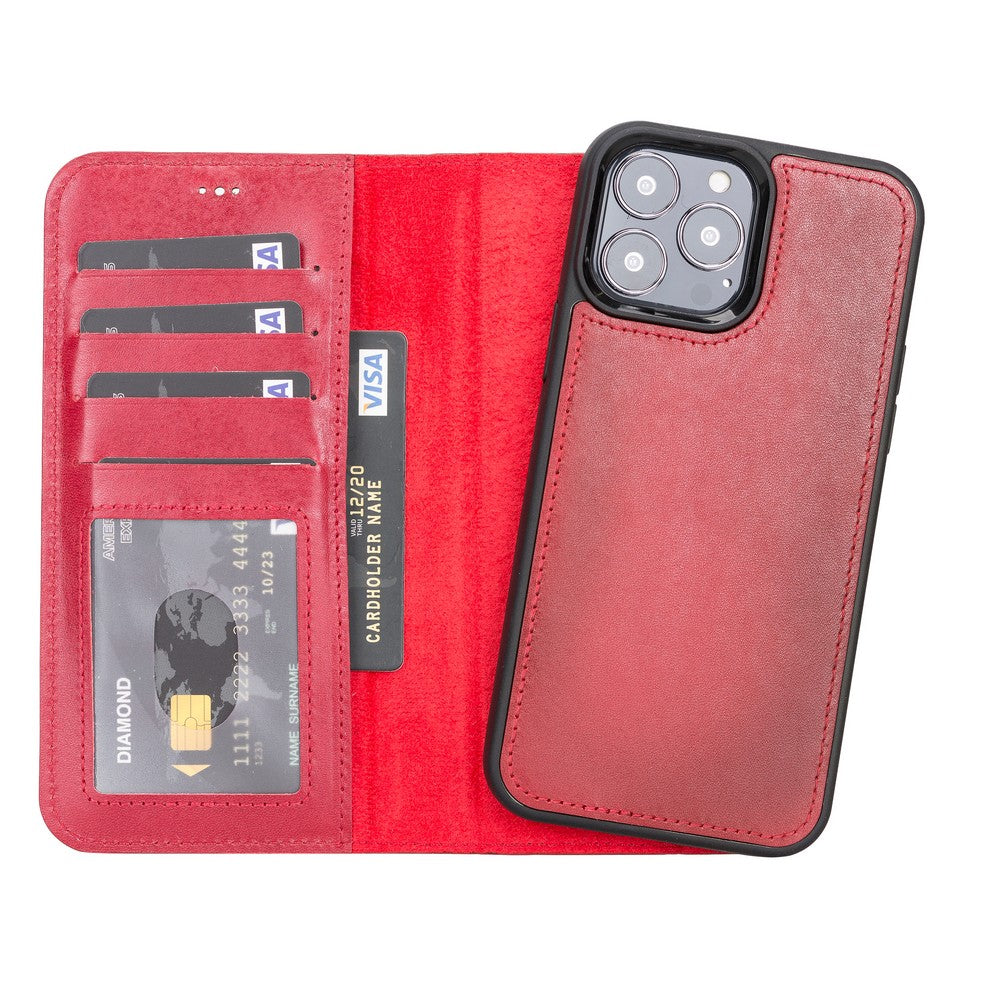 Apple iPhone 13 Pro Max Compatible Leather Wallet Case V4EF Red