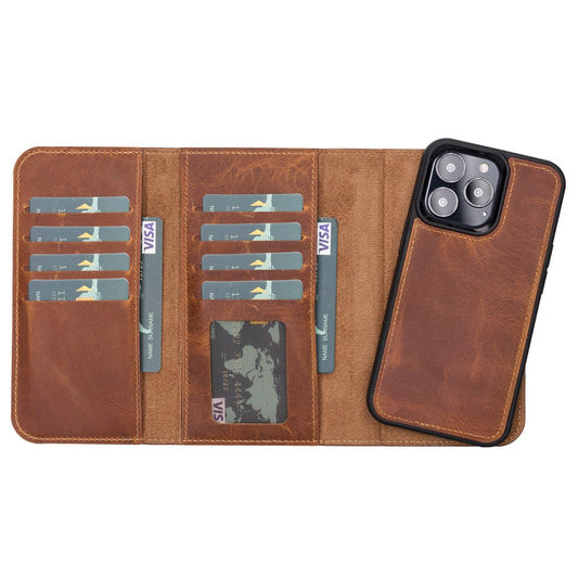 Apple iPhone 13 Pro Compatible Leather Wallet Case Santa G19 Tan