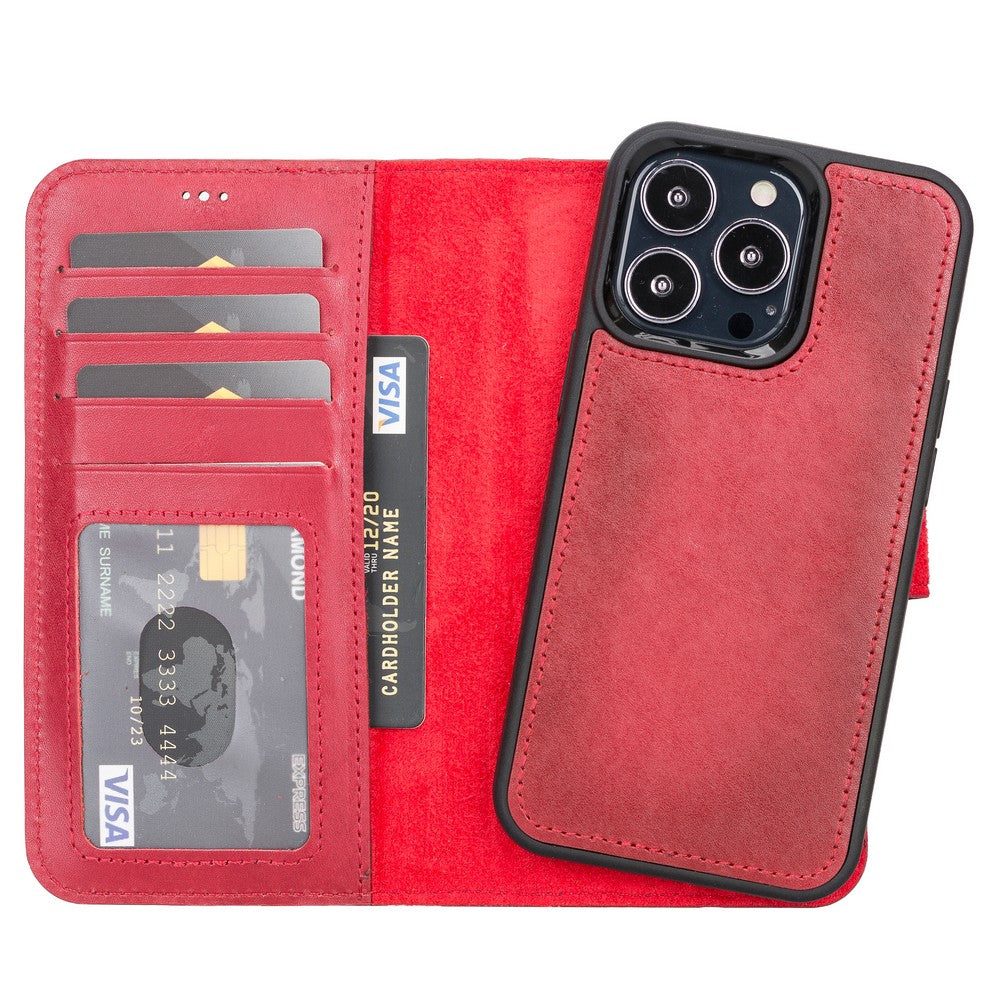 Apple iPhone 13 Pro Compatible Leather Wallet Case V4EF Red