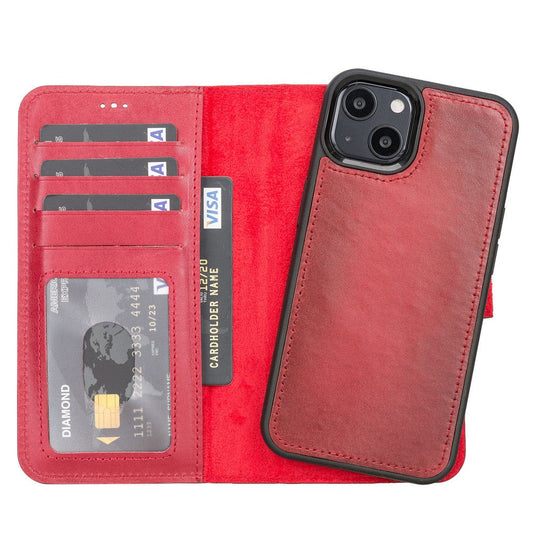 Apple iPhone 13 Compatible Leather Wallet Case V4EF Red