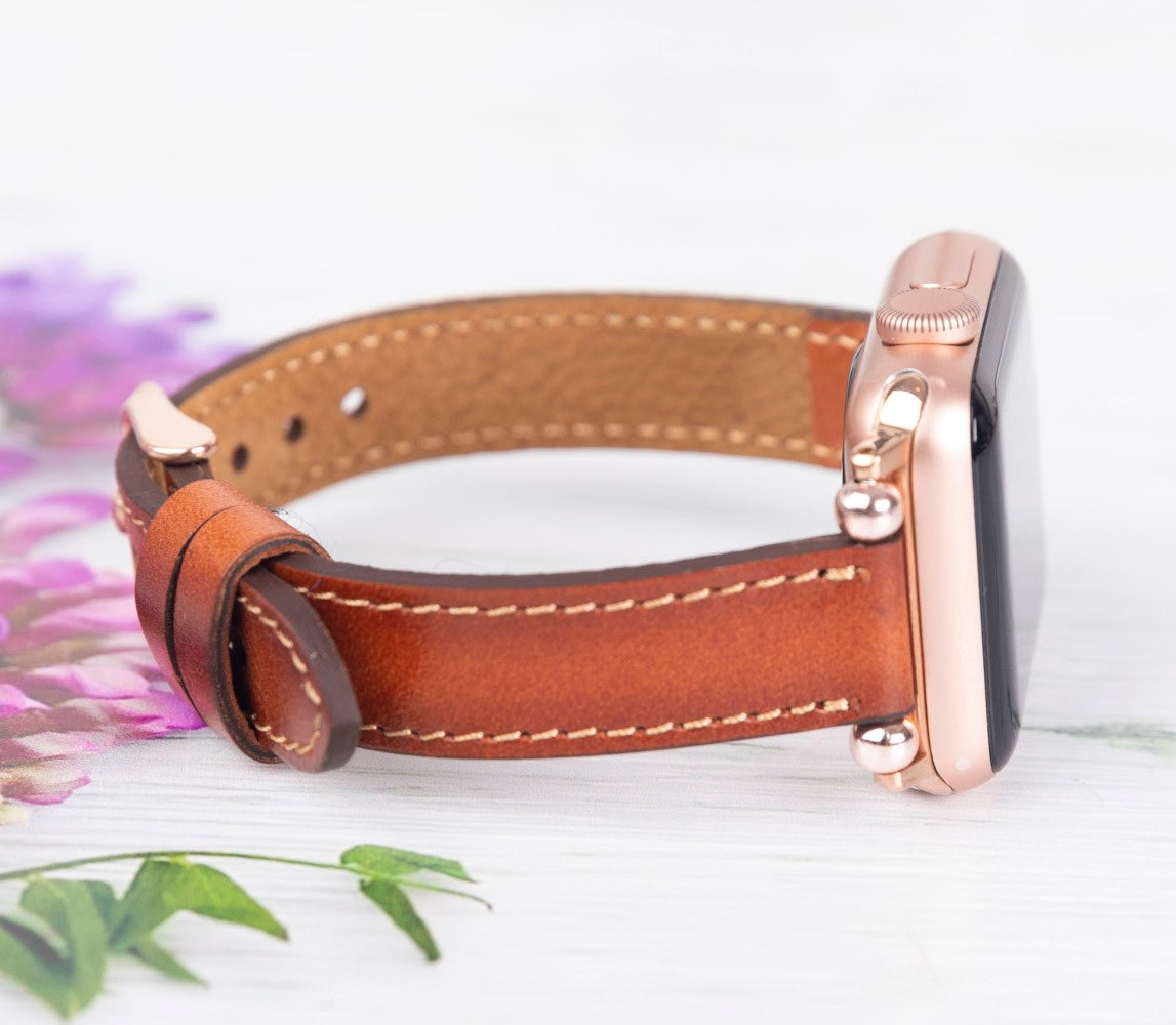 Apple Watch Compatible Leather Band, Thin and Beaded, Tan