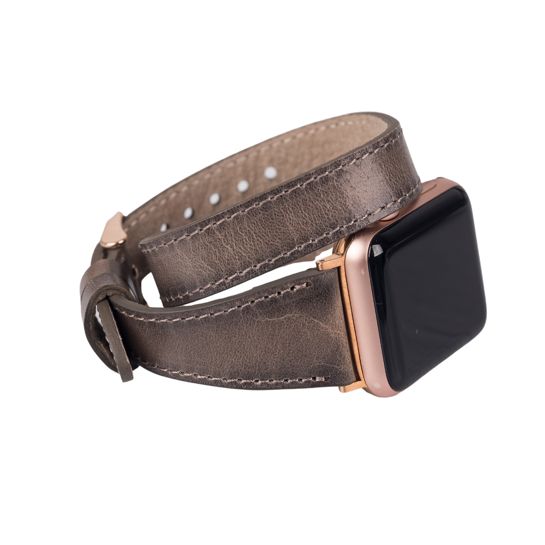 Apple Watch Compatible Leather Band, Double Turn, Effect Gray