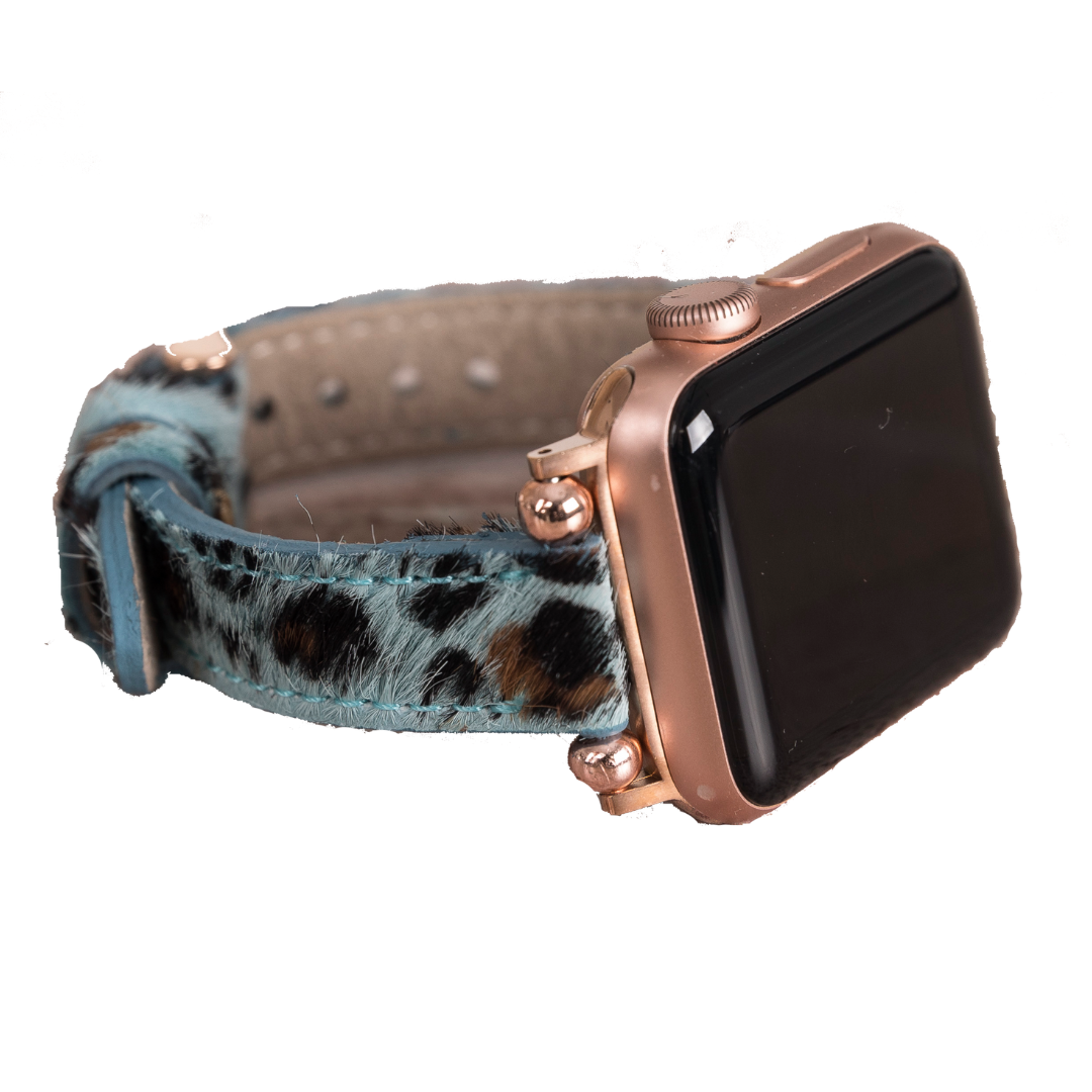 Apple Watch Compatible Leather Band, Thin and Beaded, Leopard Pattern