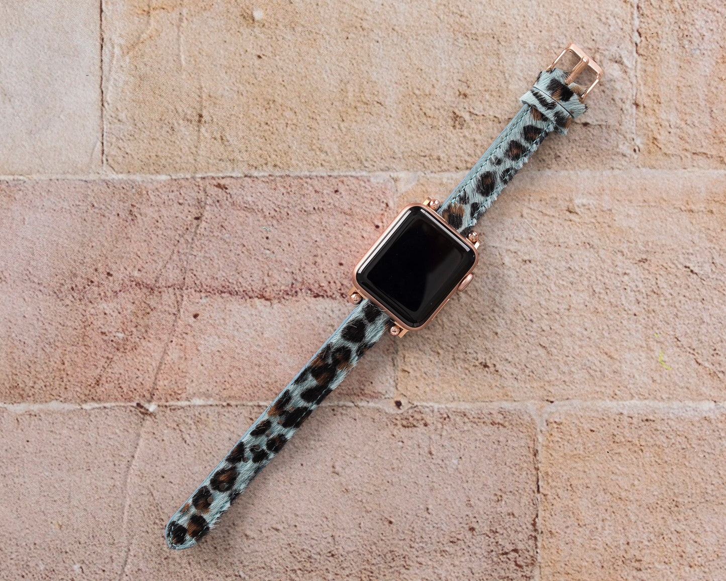 Apple Watch Compatible Leather Band, Thin and Beaded, Leopard Pattern