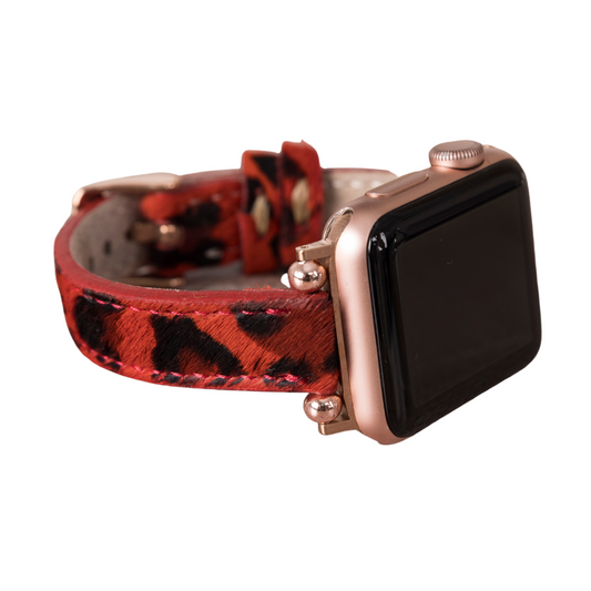 Apple Watch Compatible Leather Band, Thin and Beaded, Leopard Pattern