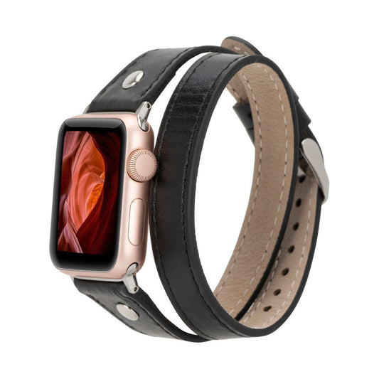 Apple Watch Uyumlu Deri Kordon, Çift Tur, Trok Detaylı, Siyah