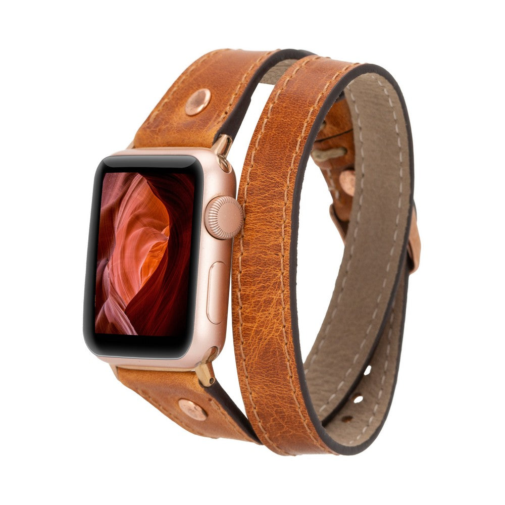 Apple Watch Compatible Leather Band, Double Tour, Troque Detailed, Antique Tan