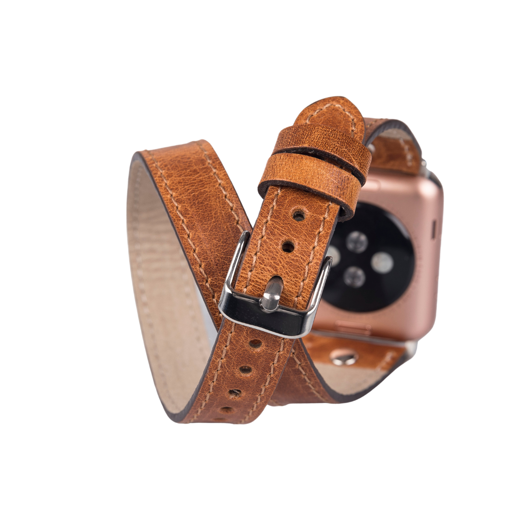 Apple Watch Compatible Leather Band, Double Tour, Troque Detailed, Antique Tan