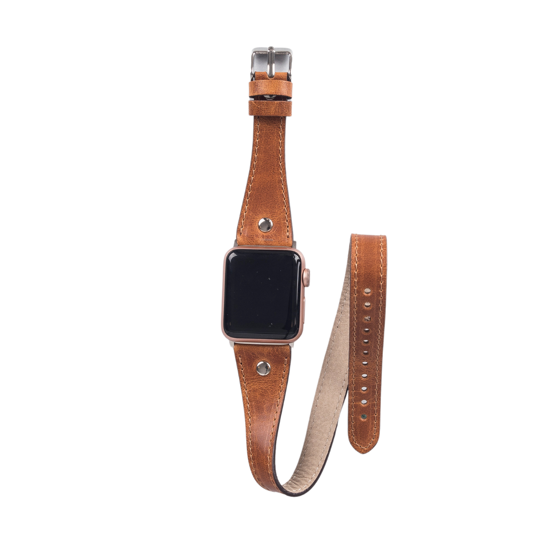 Apple Watch Compatible Leather Band, Double Tour, Troque Detailed, Antique Tan