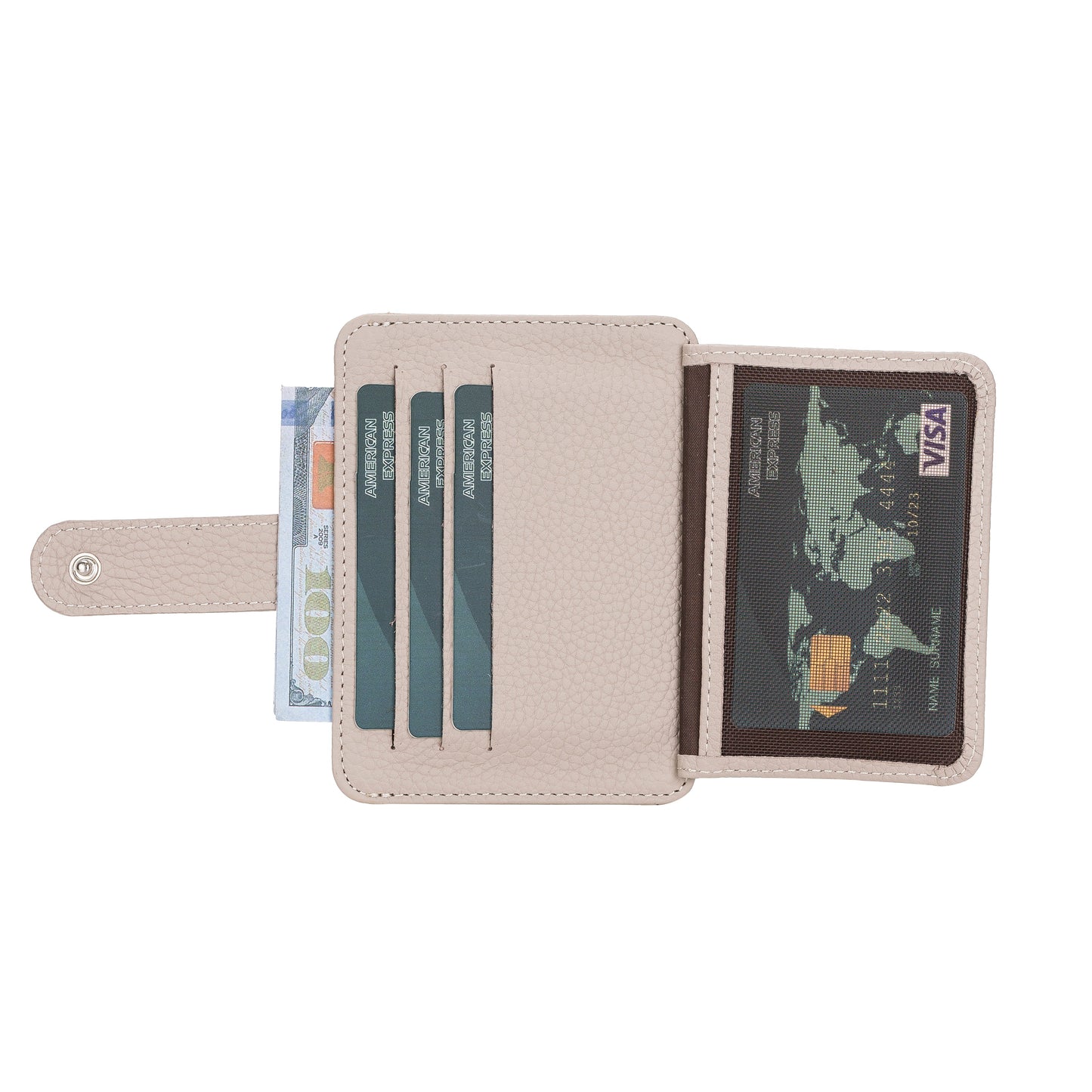 Leather Card Holder, 6 Card Compartments, 2 Windows, Beige