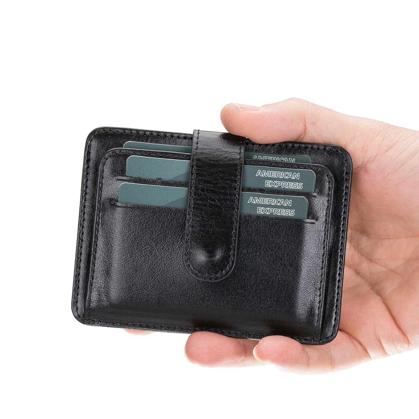 Leather Card Holder, 6 Card Compartments, 2 Windows, Black