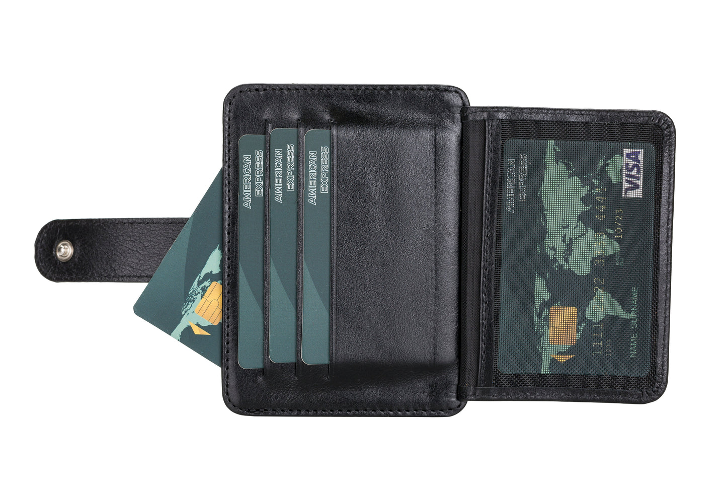 Leather Card Holder, 6 Card Compartments, 2 Windows, Black