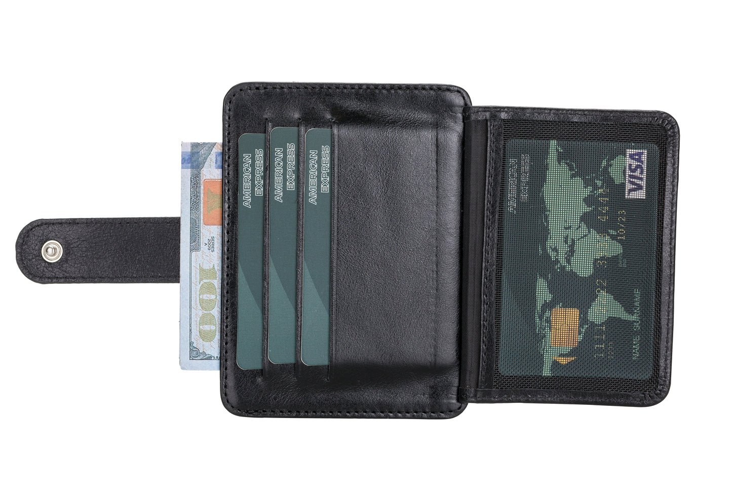 Leather Card Holder, 6 Card Compartments, 2 Windows, Black