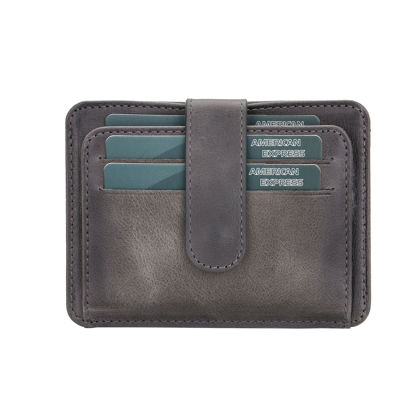 Leather Card Holder, 6 Card Compartments, 2 Windows, Effect Gray