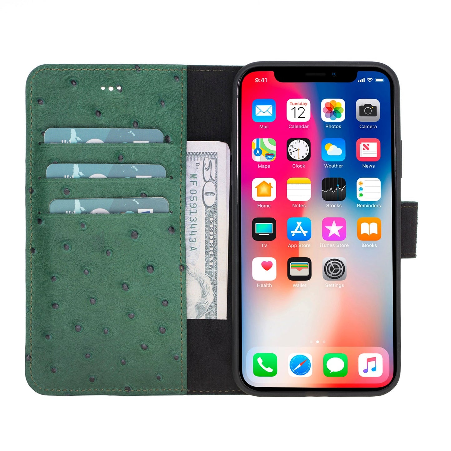 Apple iPhone X-XS Compatible Leather Wallet Case DE6 Green