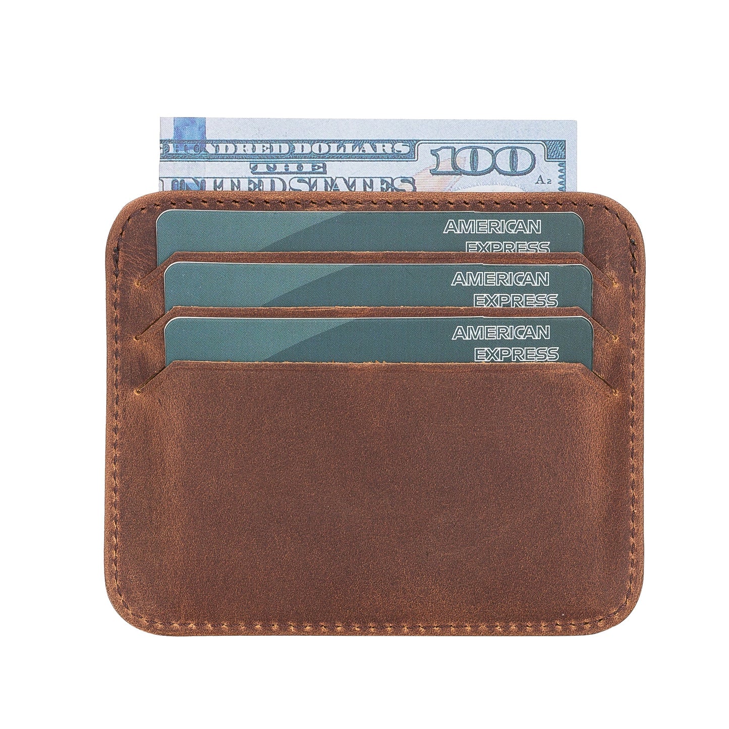 Leather Card Holder, Paper Money Section, 6 Card Compartments, Antique Brown