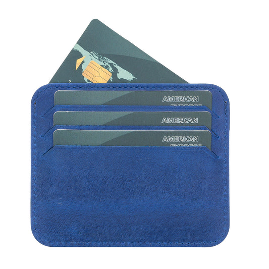 Leather Card Holder, Paper Money Section, 6 Card Compartments, Saks Blue