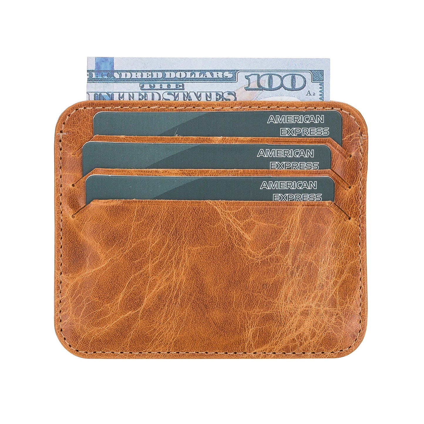 Leather Card Holder, Paper Money Section, 6 Card Compartments, Antique Tan