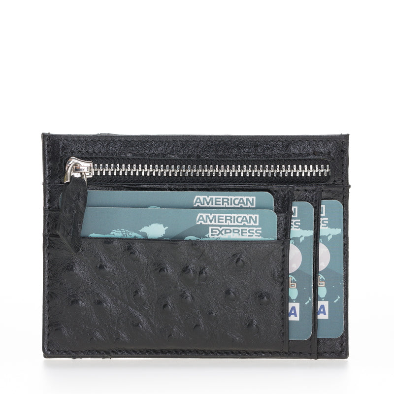 Leather Card Holder, Coin Compartment, 6 Card Compartments, Textured Black