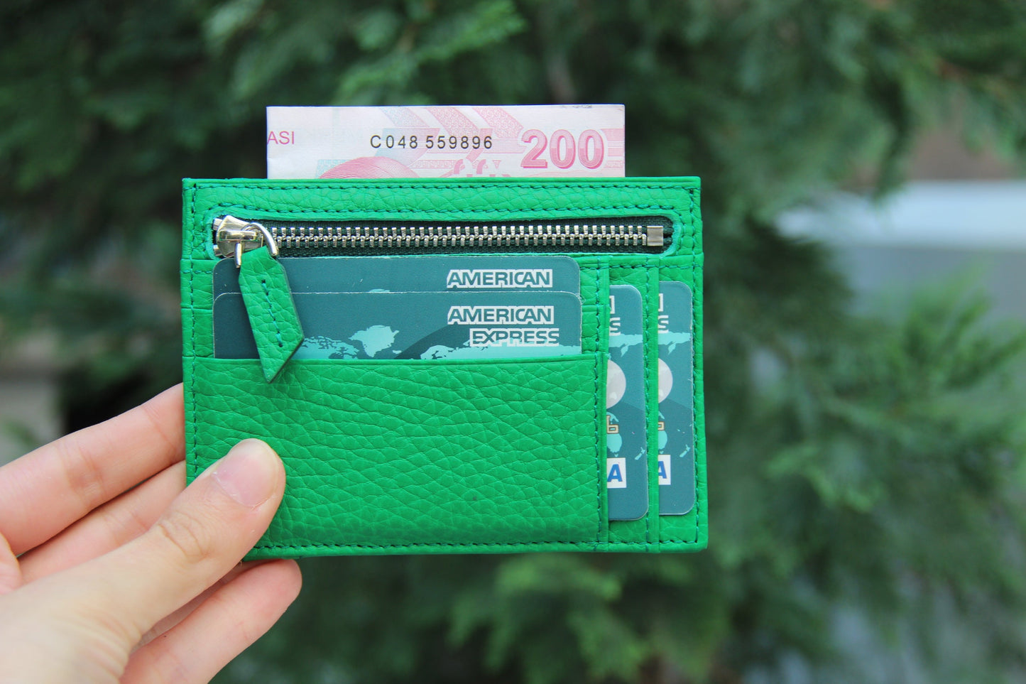 Leather Card Holder, Coin Compartment, 6 Card Compartments, Pine Green